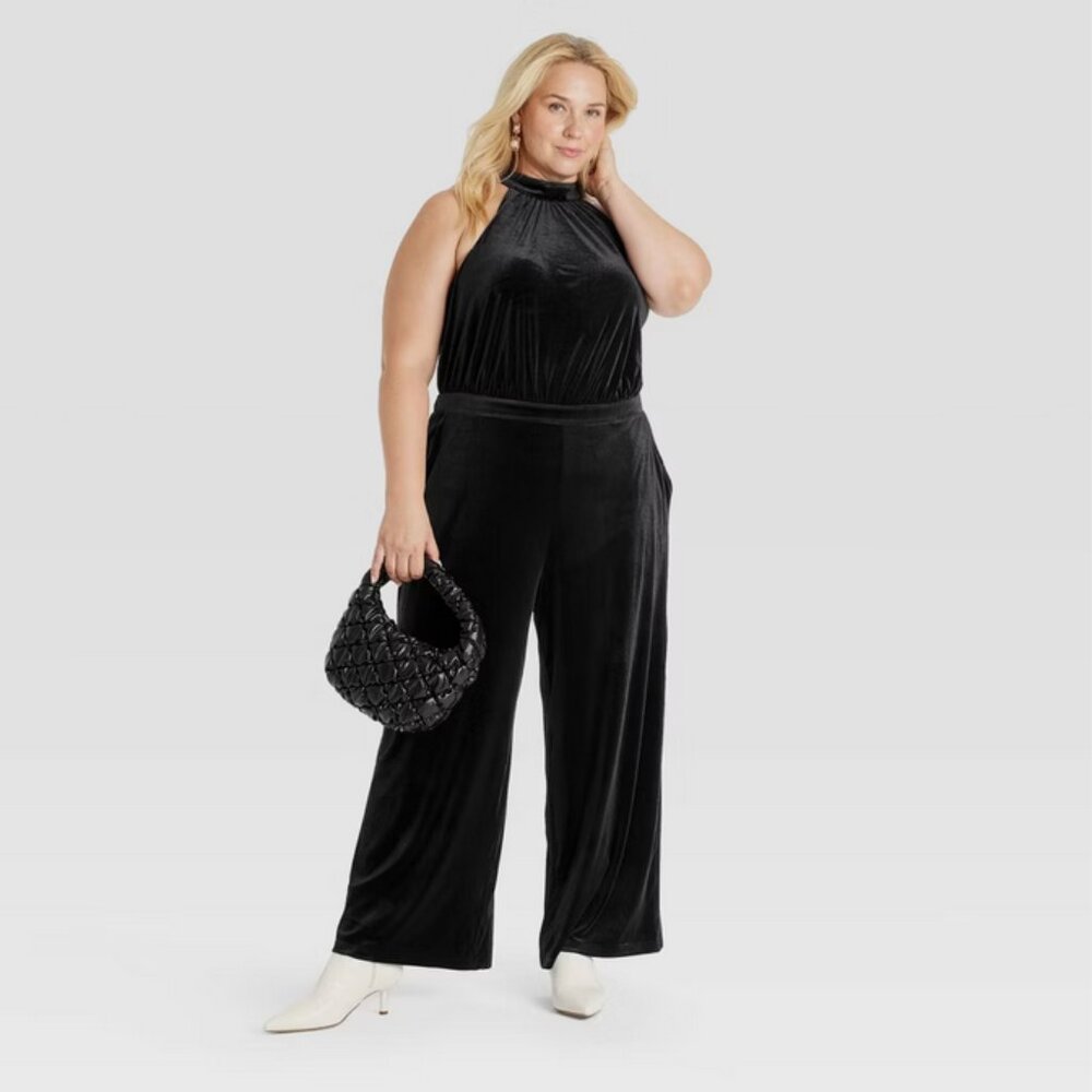 Women's Halter Sleeveless Velvet Jumpsuit - A New Day Black‎ 1X